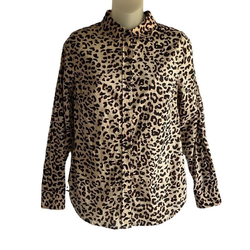 1901 Blouse Button Down Collar Leopard Print Tan Black Brown Long Sleeve XS